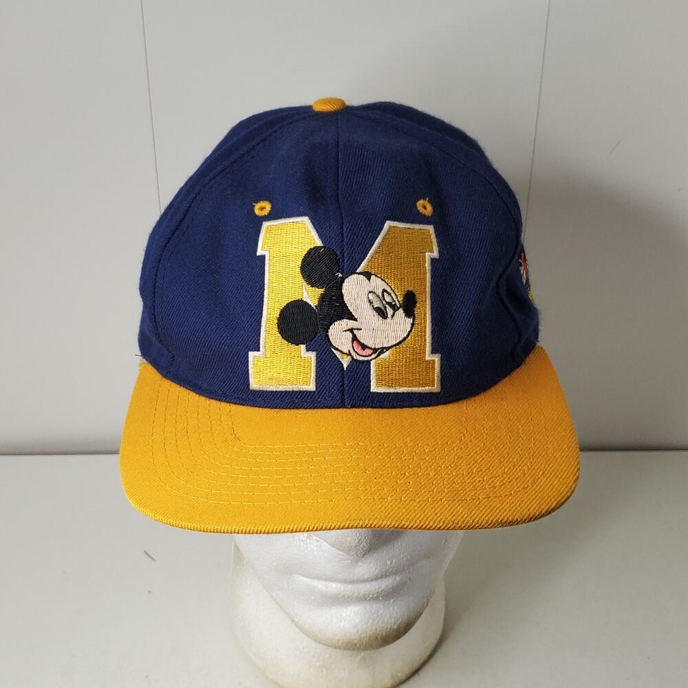 VTG Disney Hat Cap Snapback Navy Blue Yellow Mickey Mouse Block Head Back Hit